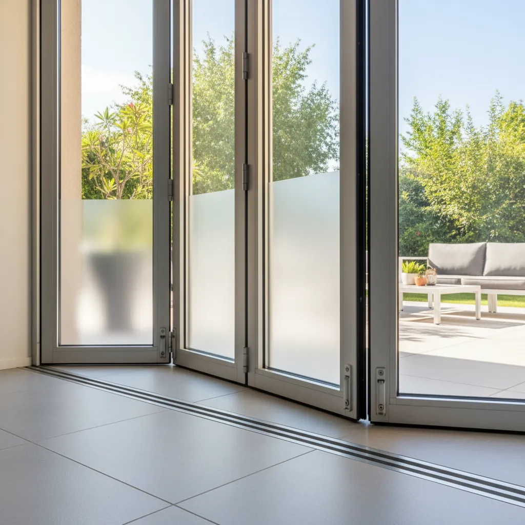 Close view of folding security door panels and floor track system