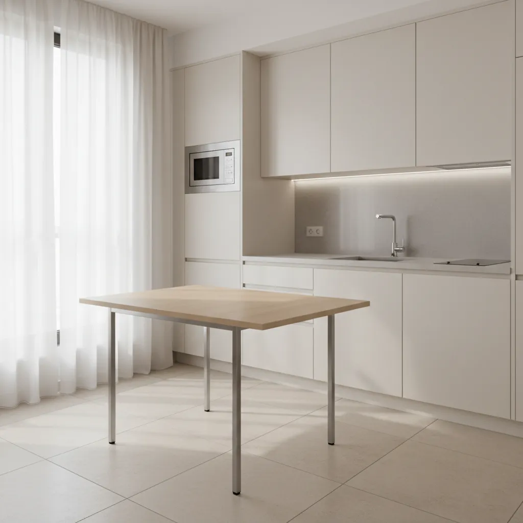 Portable folding table used in a small apartment kitchen