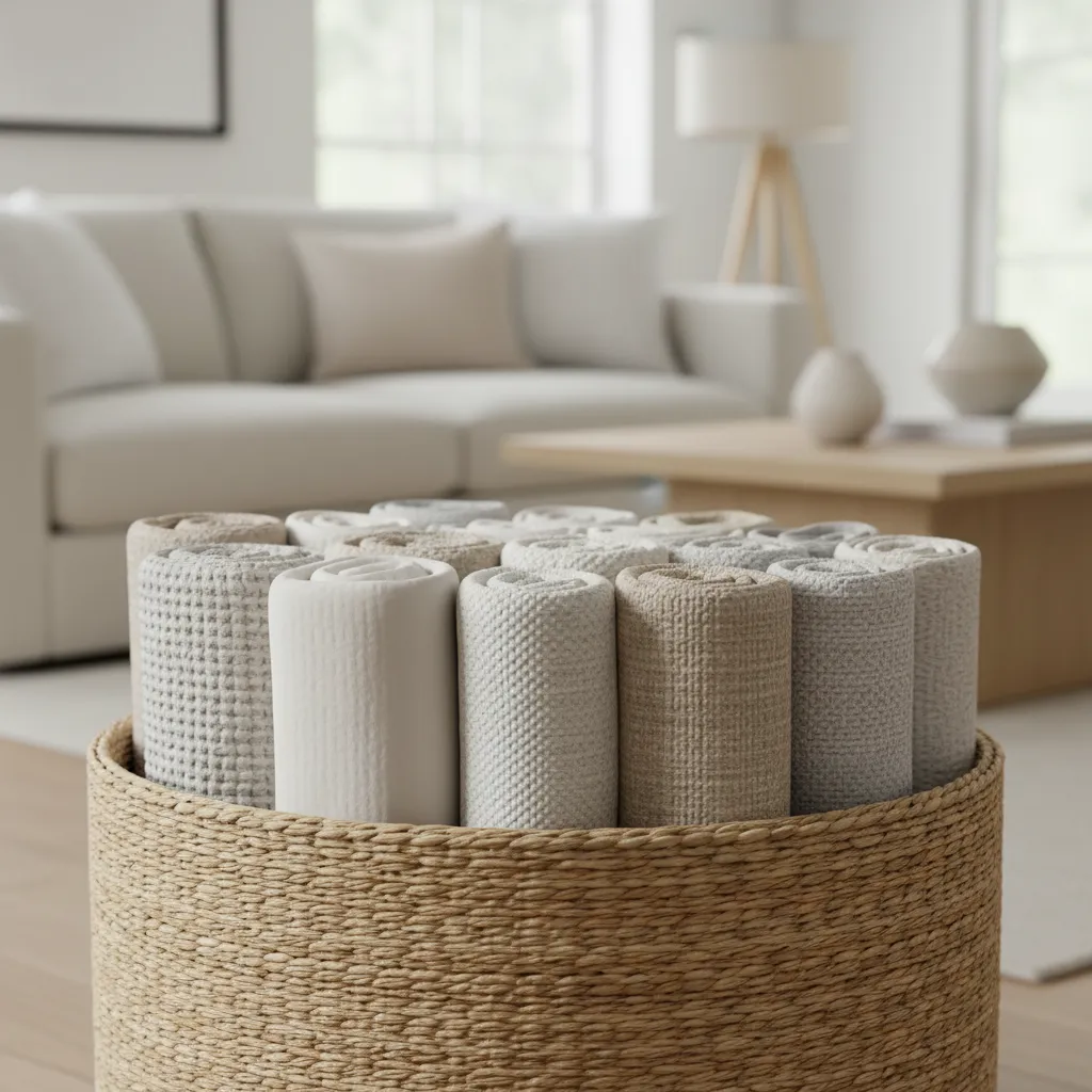 Throw blankets folded vertically and arranged neatly inside a storage basket