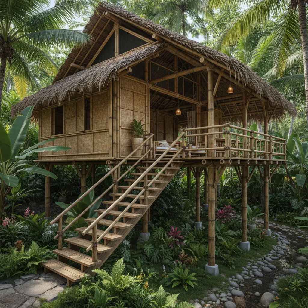 Rumah bambu dengan fondasi panggung untuk menghindari kelembapan