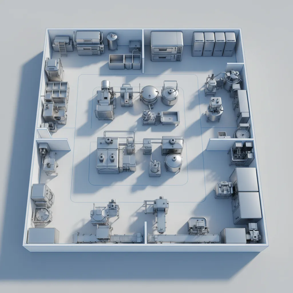 planning layout of food processing factory with equipment arrangement