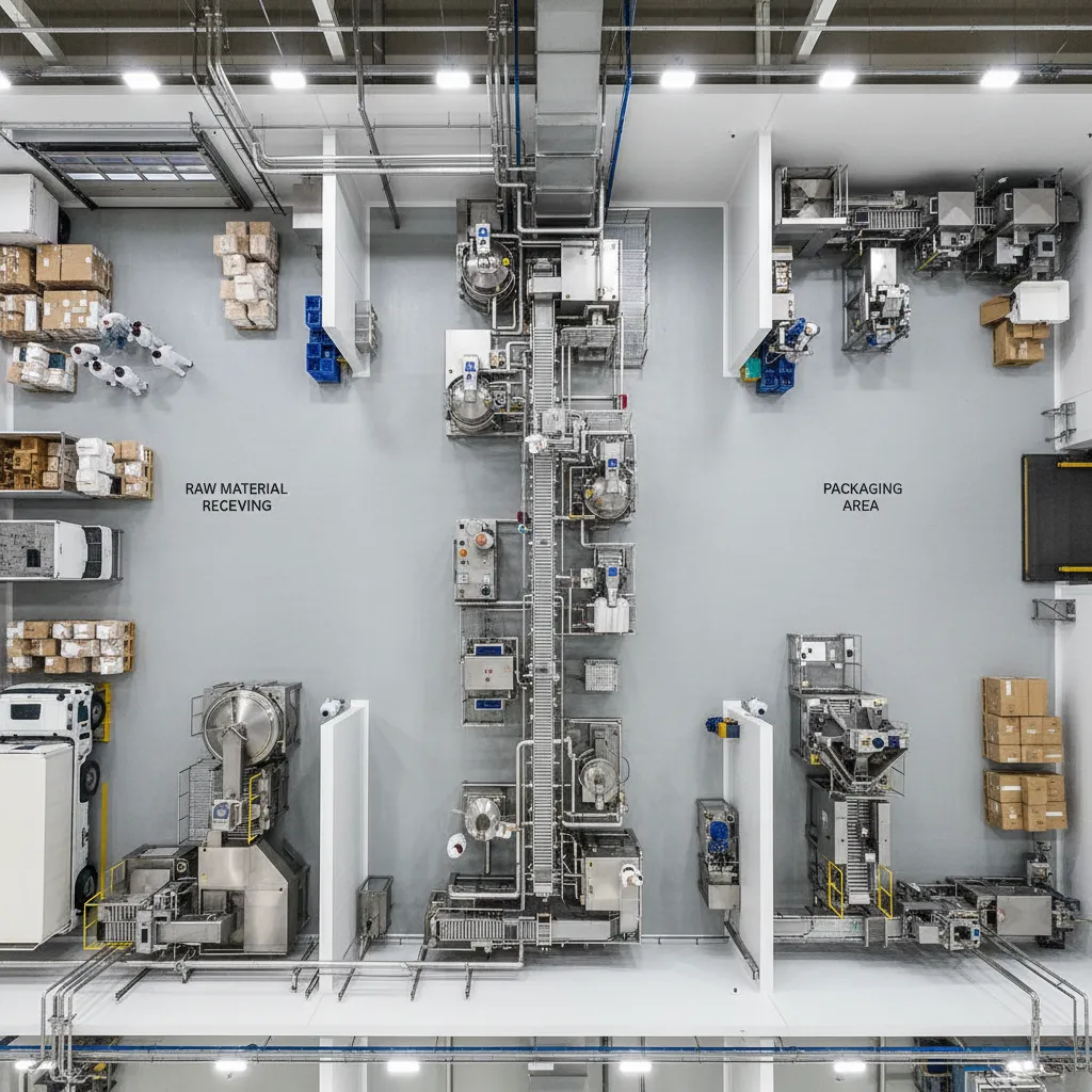 food factory production zones layout with raw material and packaging areas