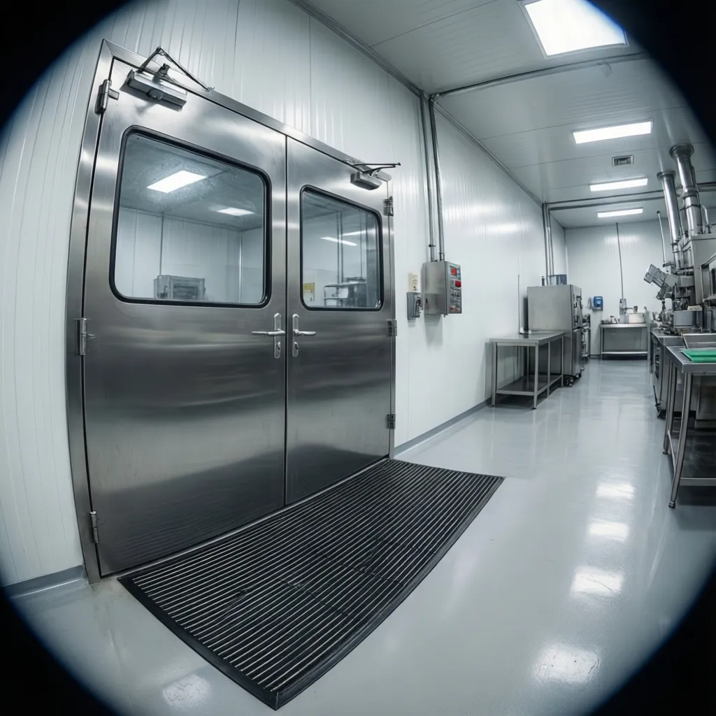 sanitary stainless steel door with hygienic sweep in food processing facility