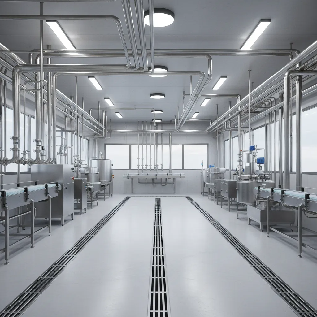 Food processing facility with stainless steel sanitary piping and sloped drainage floor