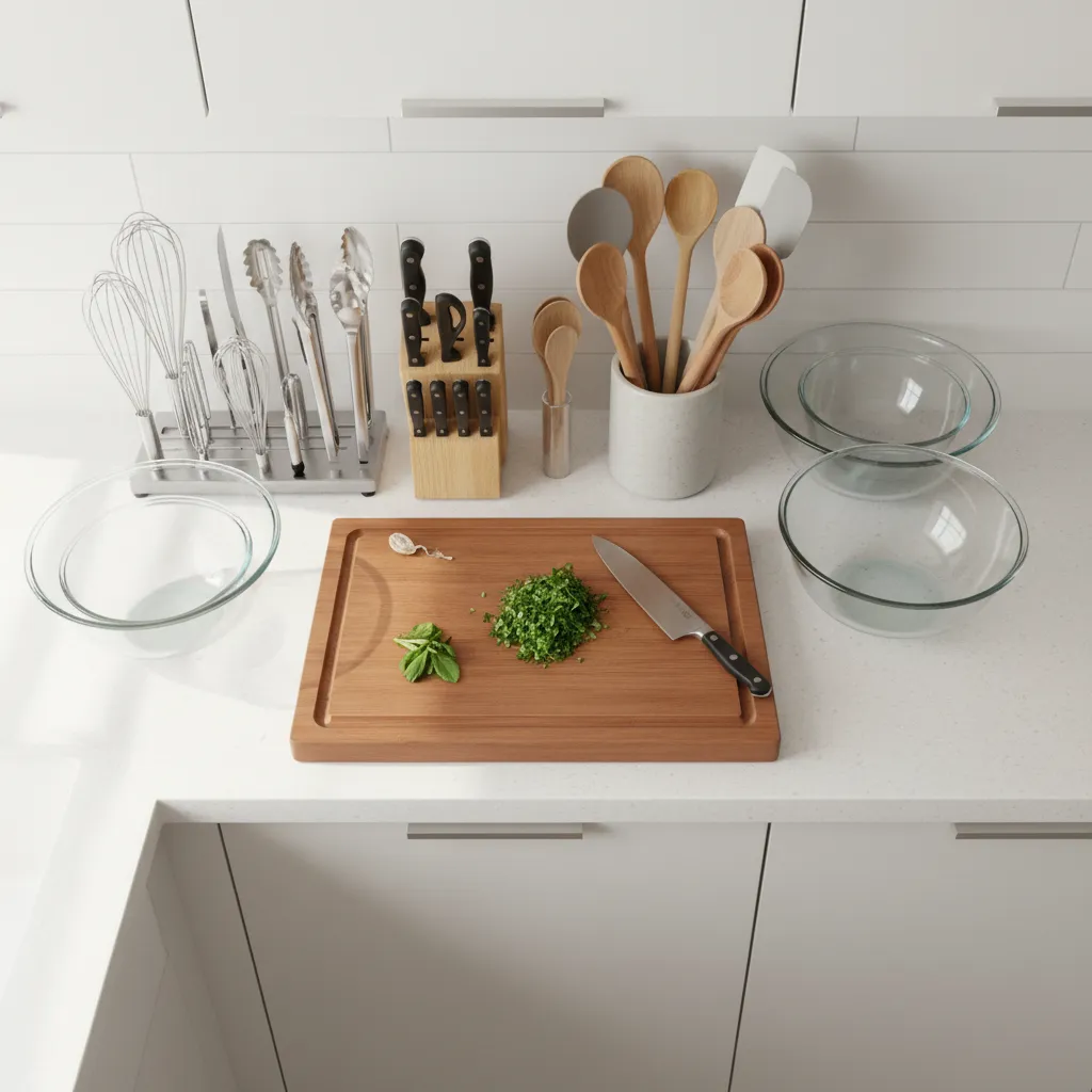 Food safe kitchen materials including stainless steel, glass, and wooden utensils