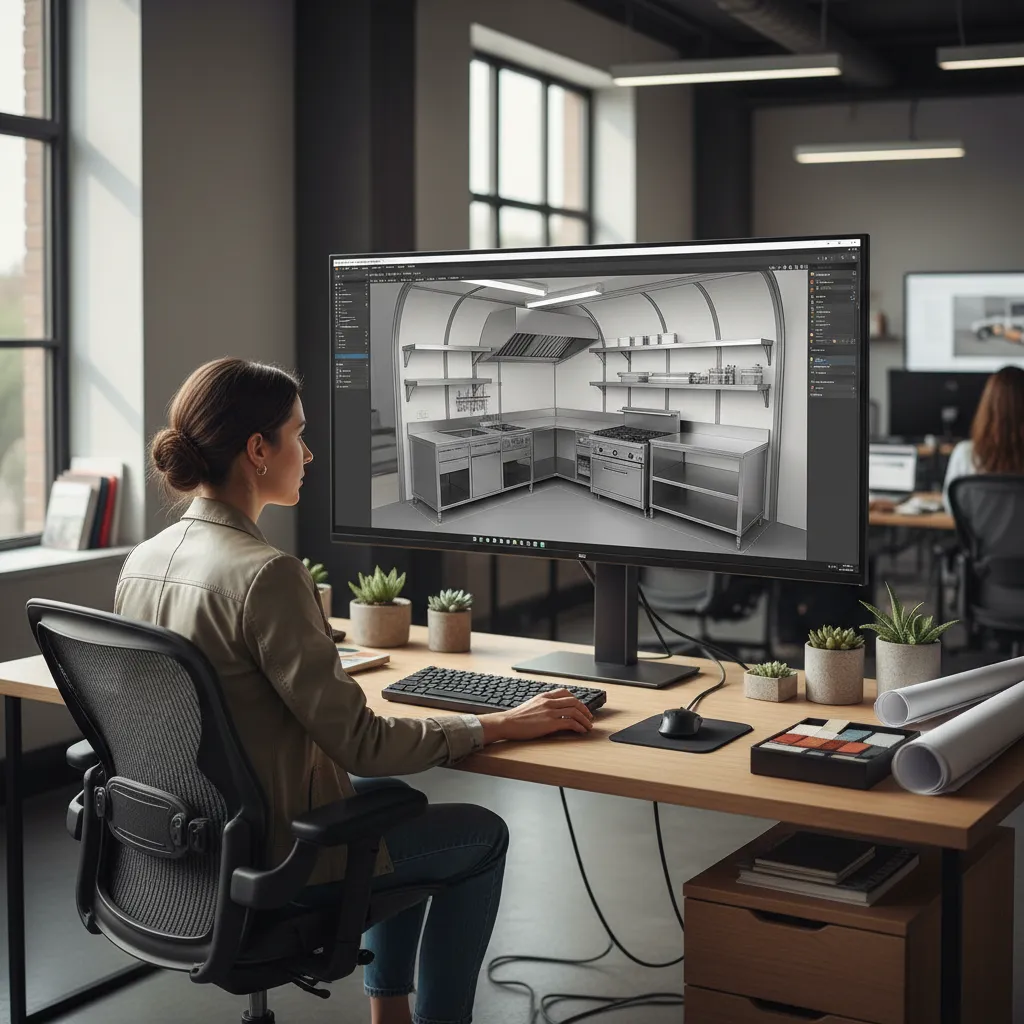 Designer using a computer to create a 3D interior design drawing for a food truck