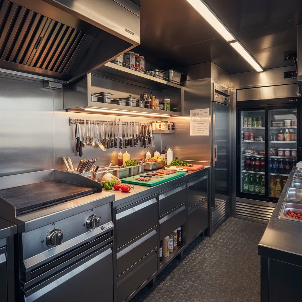 Stainless steel food truck kitchen featuring a grill, prep area, vegetables, and glass door fridge