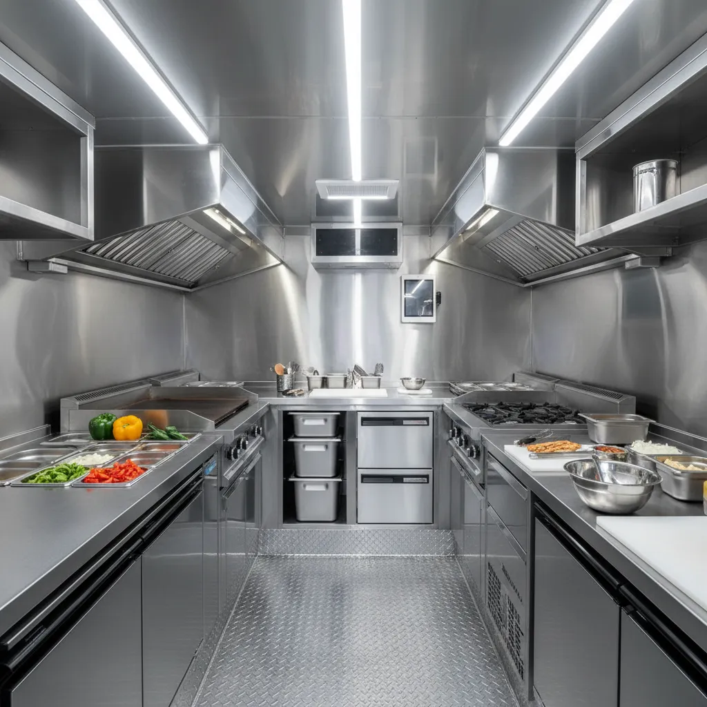 Stainless steel food truck kitchen interior with bright ceiling lights and organized stations for cooking