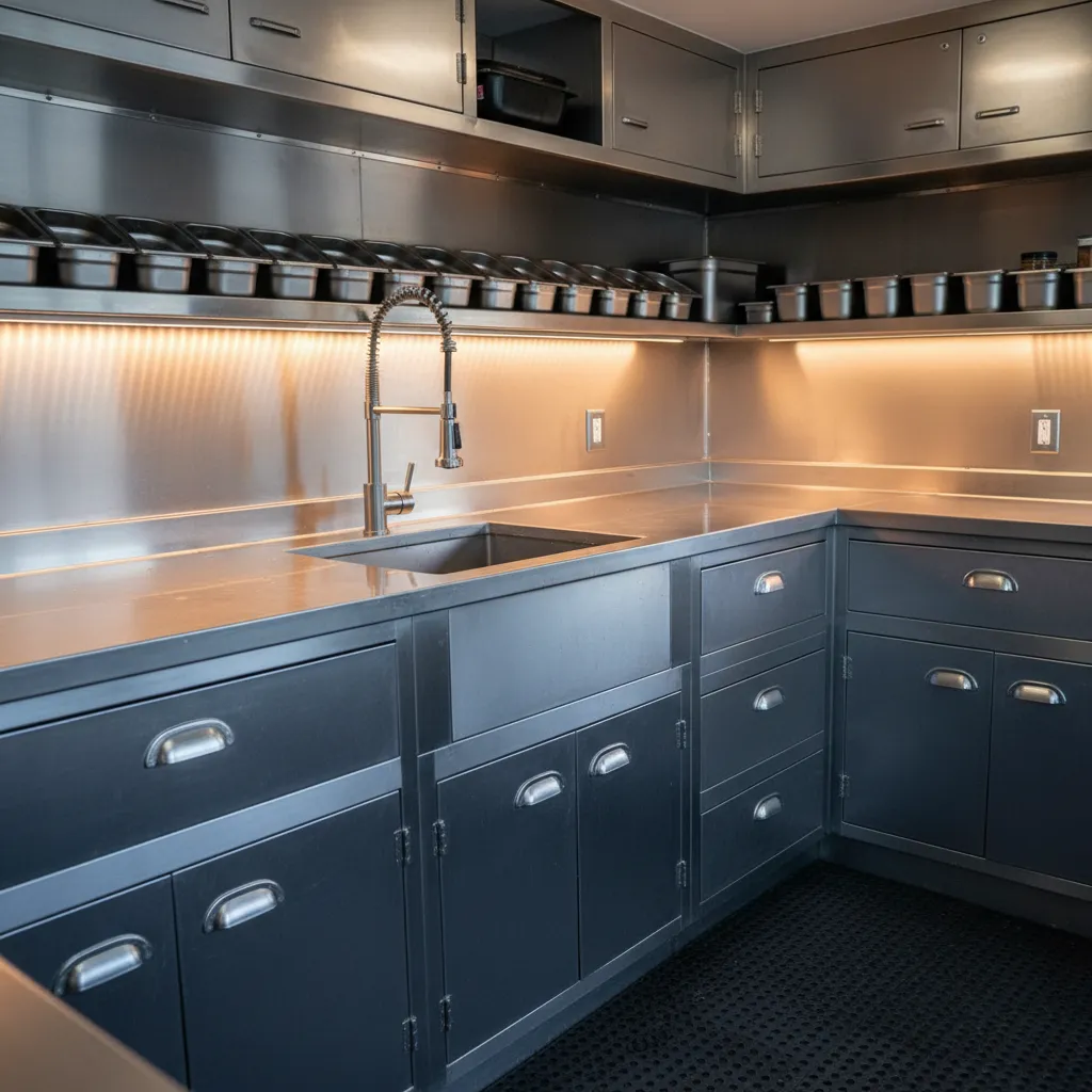 Interior de food truck con materiales de acero inoxidable y aluminio