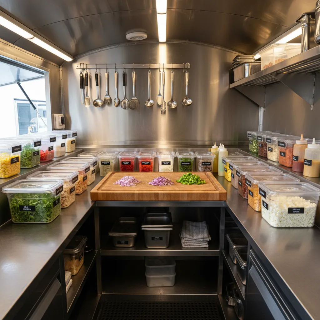 Zona de preparación dentro de un food truck con encimera de acero