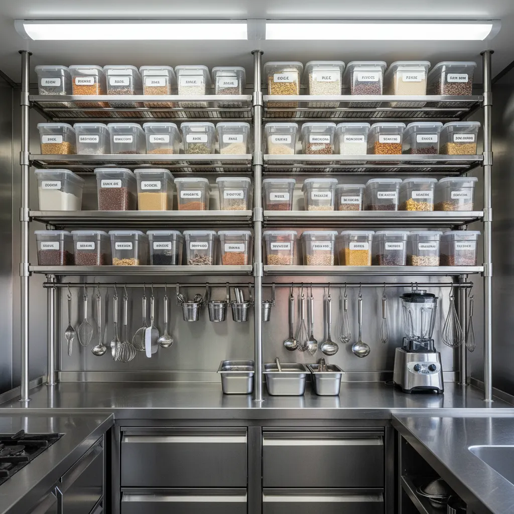 Food truck storage wall with labeled plastic containers on metal shelves and hanging kitchen tools