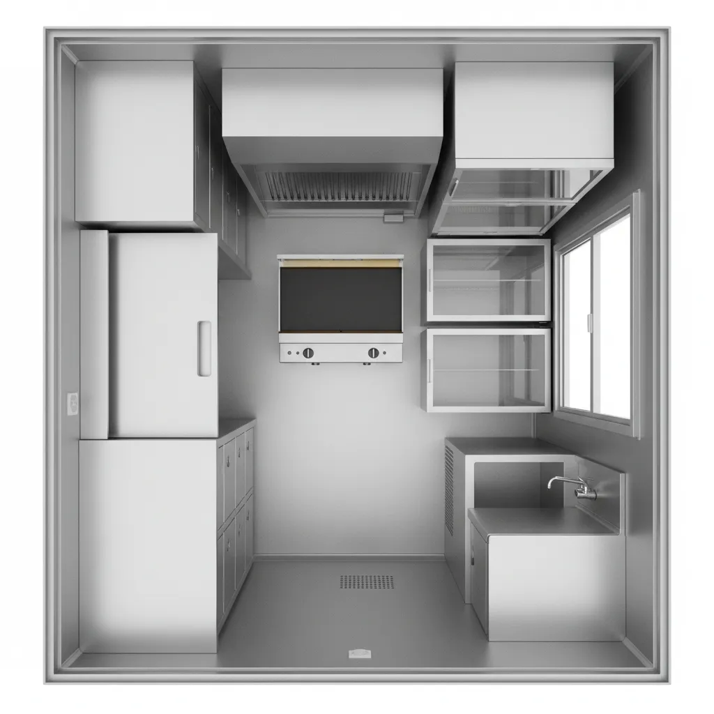 Distribución interior de food truck mostrando estaciones de trabajo