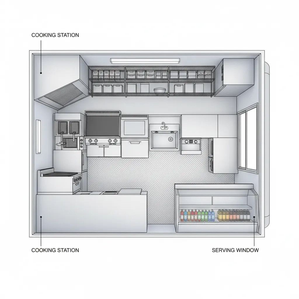 Interior design drawing showing the room layout of a food truck with labeled cooking stations