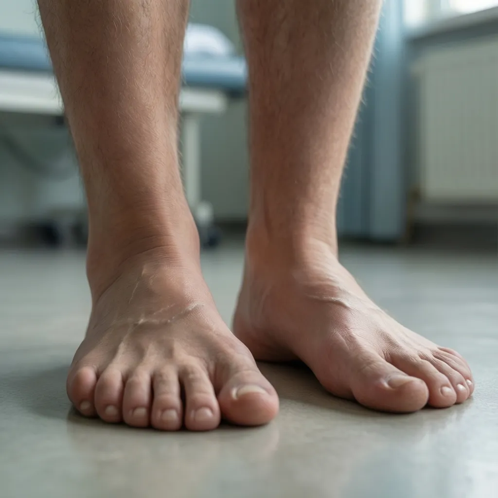 Close view of bare feet standing naturally showing foot muscle engagement