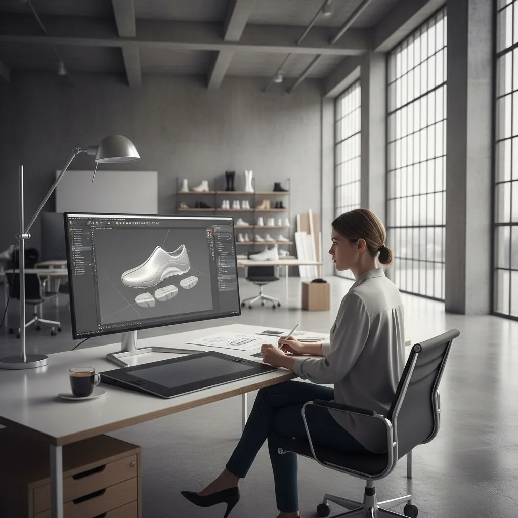 designer creating digital slippers model on computer in footwear studio