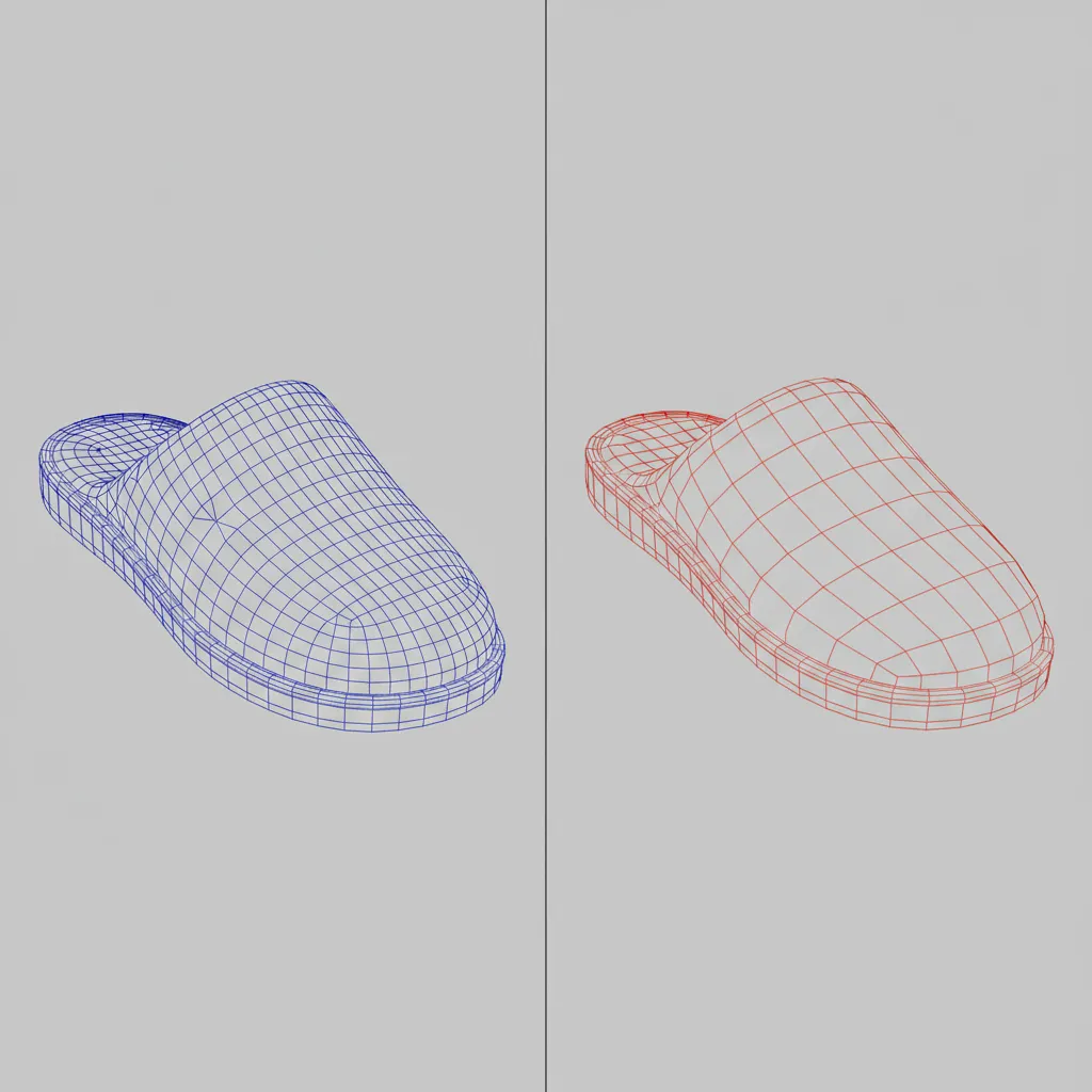 comparison of high and optimized polygon mesh for footwear model