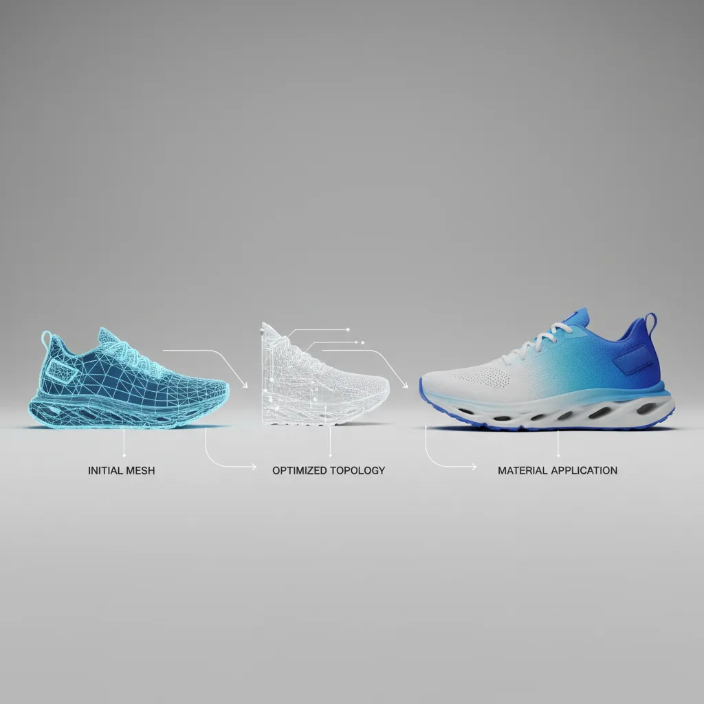 workflow illustration showing optimized 3D shoe model pipeline