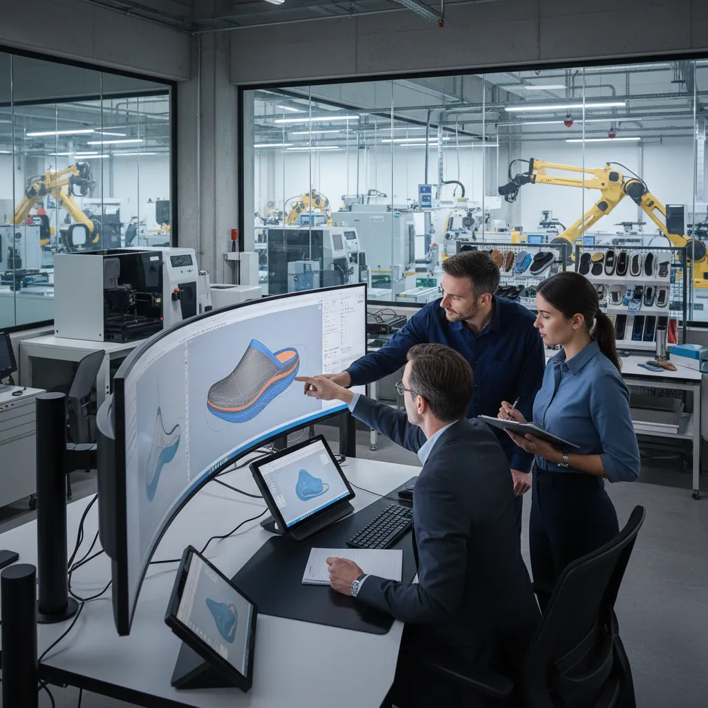footwear engineers reviewing 3D slippers model for manufacturing tooling