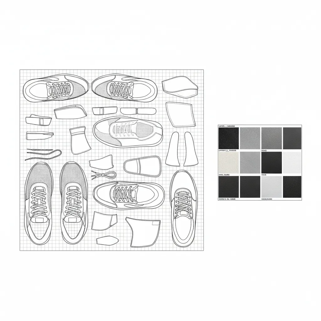 texture atlas layout for a 3D shoe model showing multiple material parts packed into one map