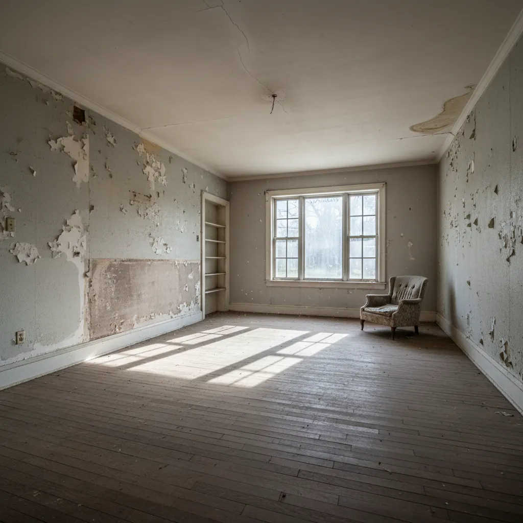 Vacant foreclosed home interior showing worn floors and neglected living space