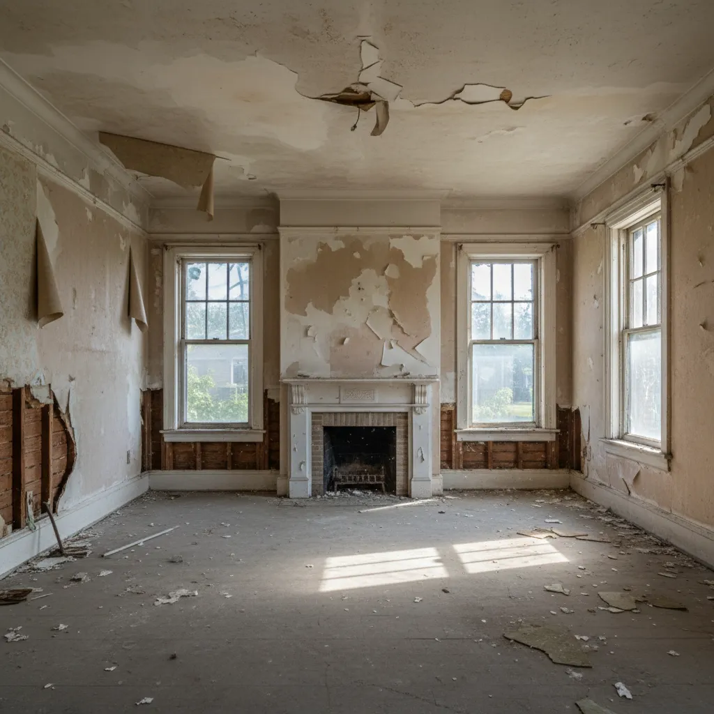 Interior of distressed foreclosed house showing water damage and renovation planning
