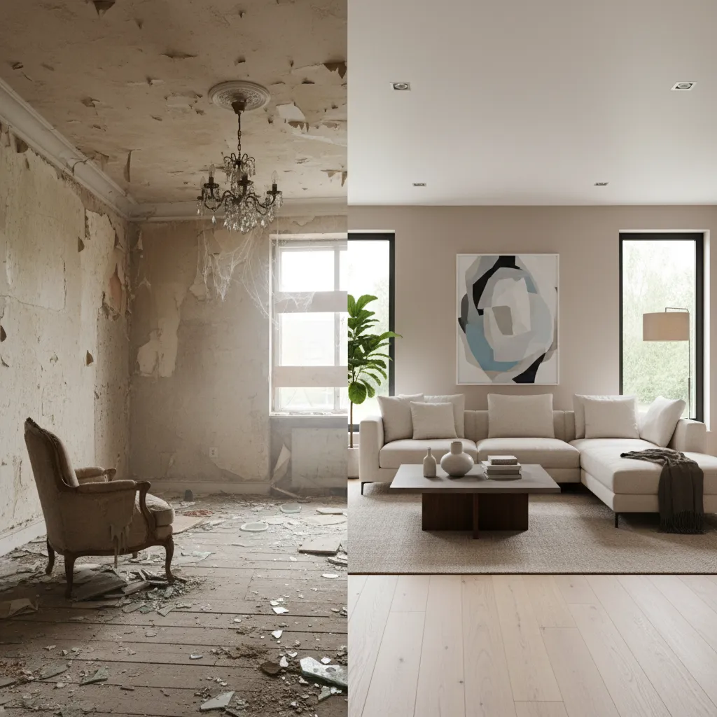 Concept visualization of distressed home renovation transformation