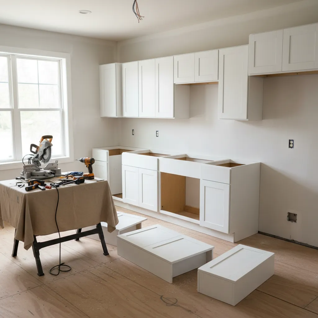 Kitchen renovation progress inside a flipped foreclosure property