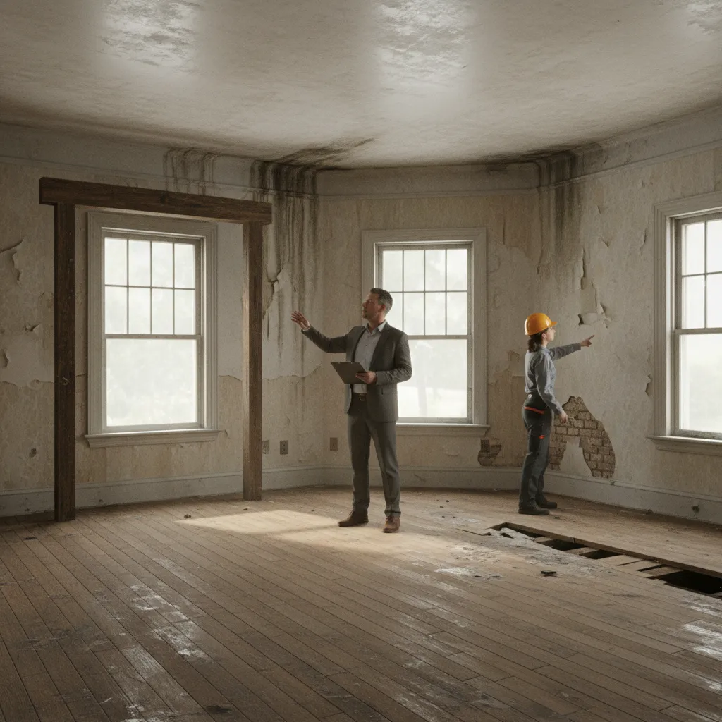 Investor inspecting a distressed foreclosure property interior during evaluation