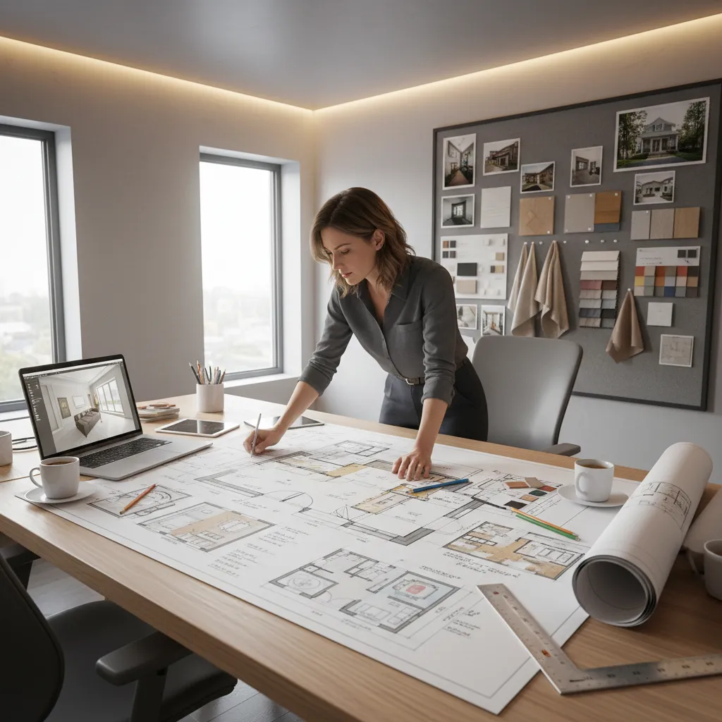 Designer reviewing renovation layout plans for a distressed property