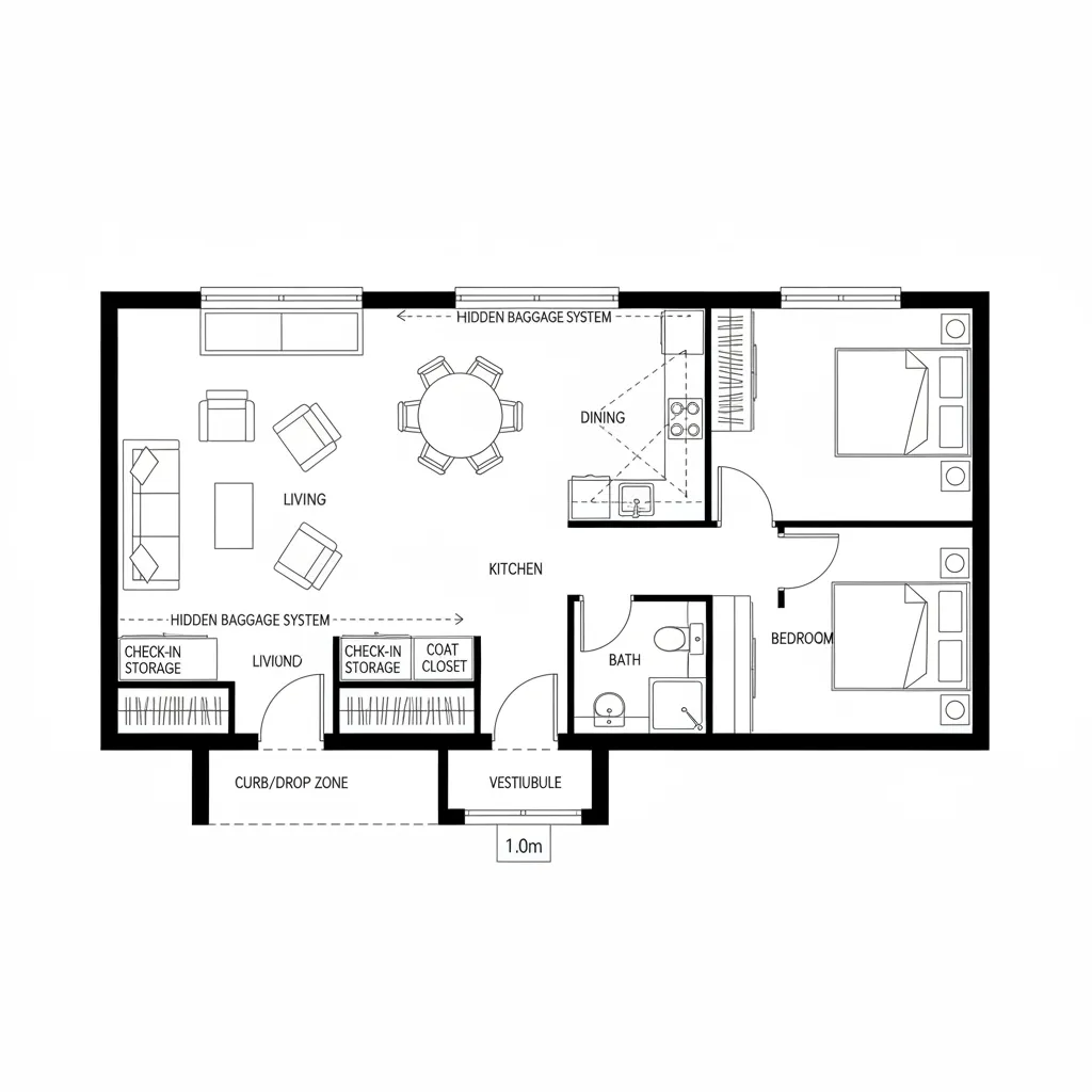 Black and white floor plan showing living room dining area kitchen bathroom and two bedrooms