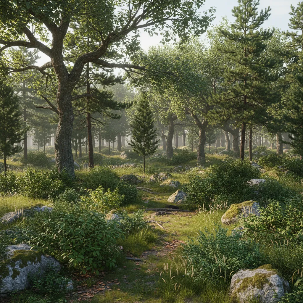 overview of a 3D forest environment pack with trees plants and rocks arranged in a natural landscape