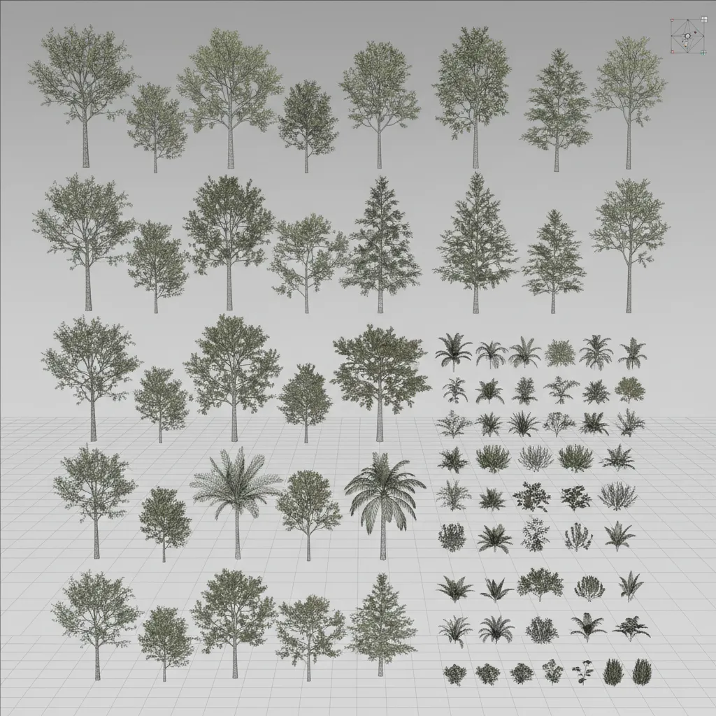 technical visualization of forest vegetation models showing polygon density and structure