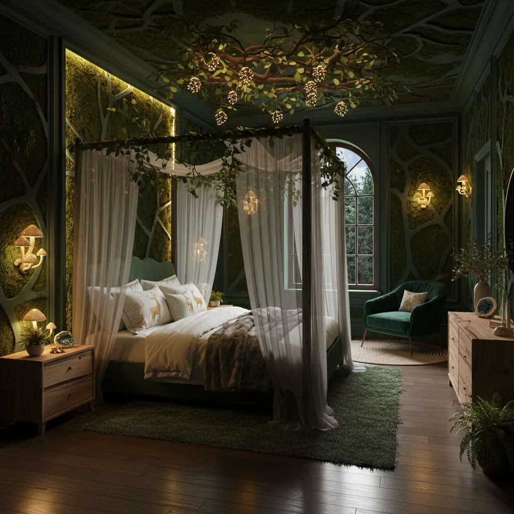 Cozy enchanted forest bedroom with deep green walls and soft lighting