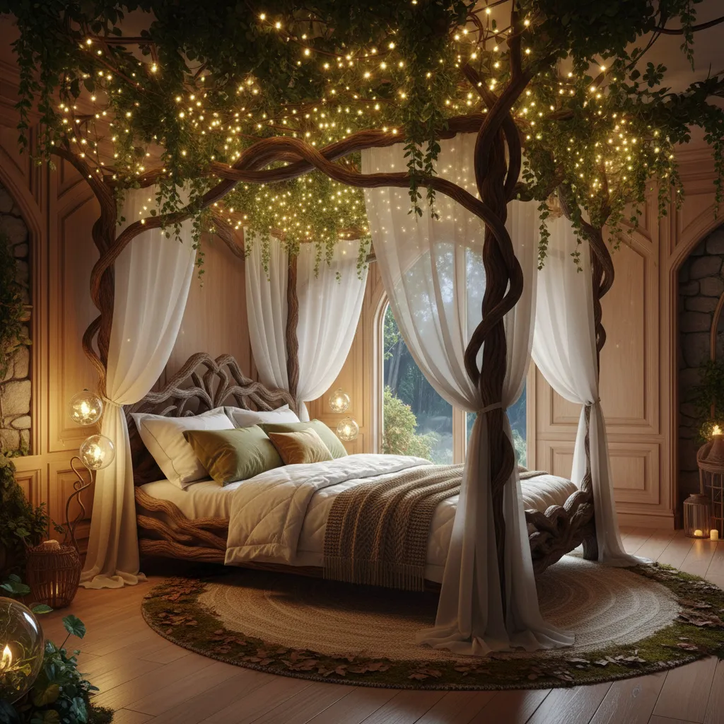 bedroom canopy covered with warm fairy lights and vines creating enchanted forest atmosphere