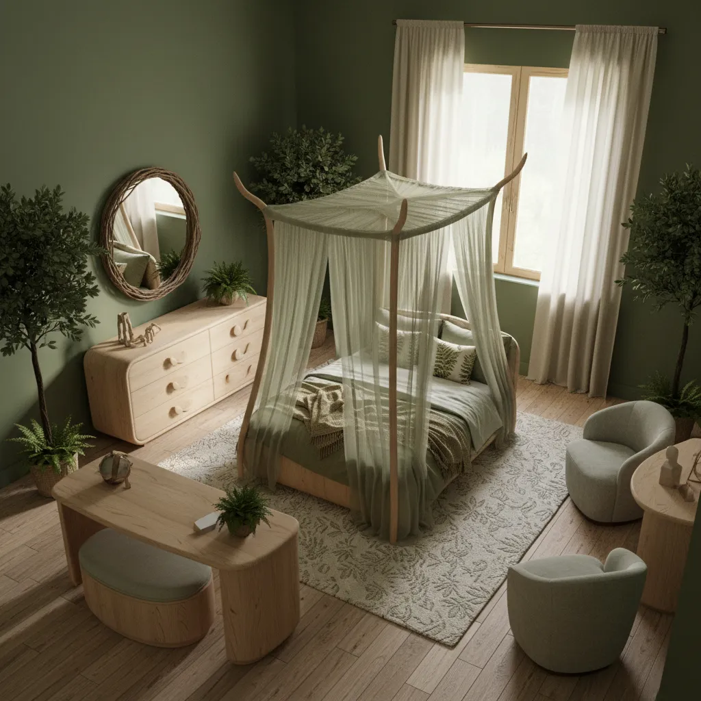 Bedroom layout showing canopy bed and organic furniture arrangement
