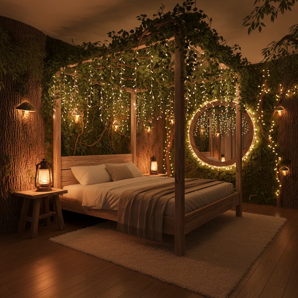 warm fairy lights and lantern lighting creating magical forest bedroom atmosphere