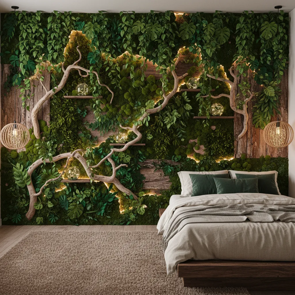 layered plant placement in forest themed bedroom wall decor
