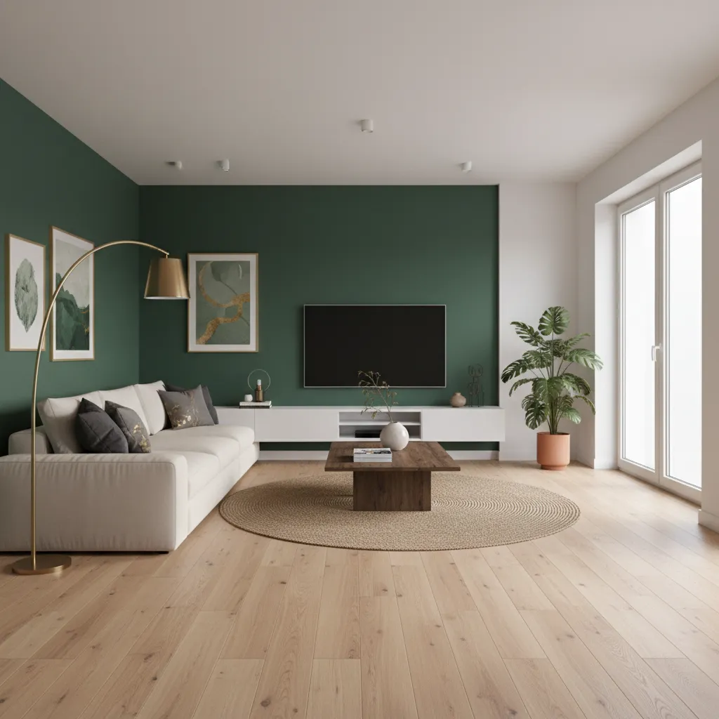 Living room with deep forest green accent wall and neutral furniture