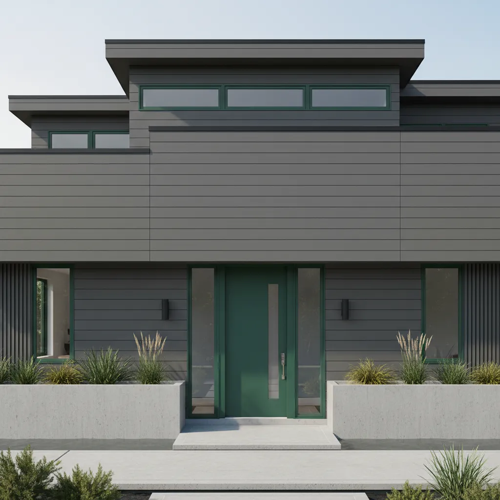 Modern gray house exterior with bold forest green front door and trim