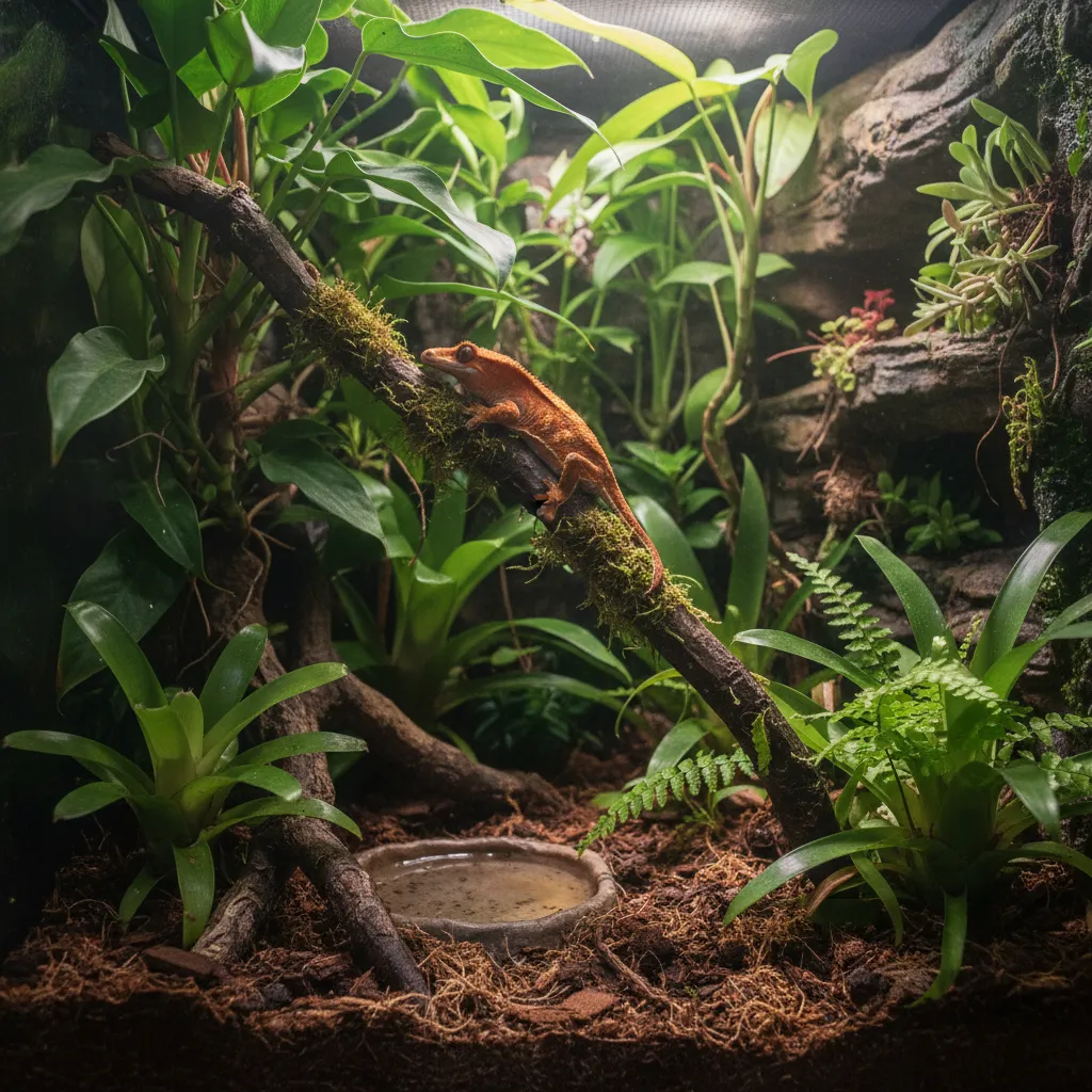 tropical terrarium with crested gecko under soft lighting and plants