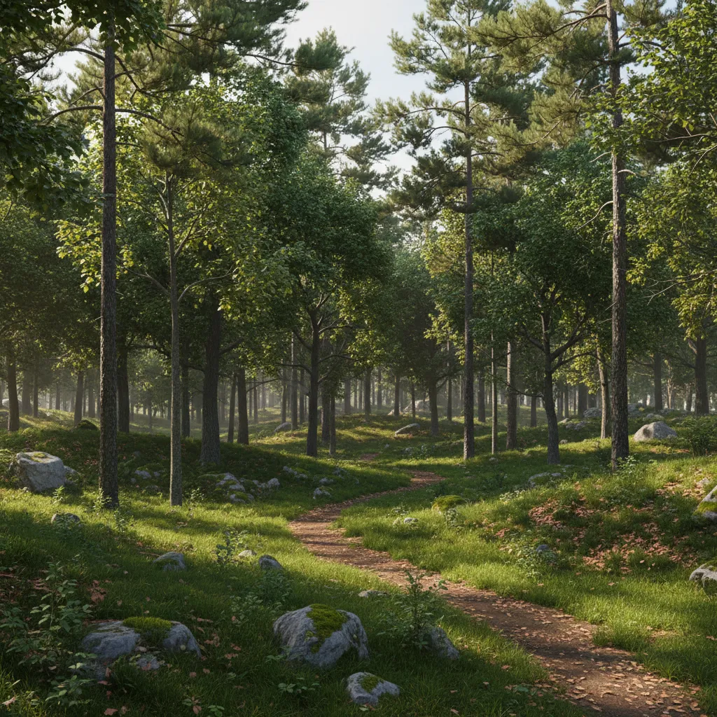 Example of a dense prebuilt forest scene pack in a 3D rendering environment
