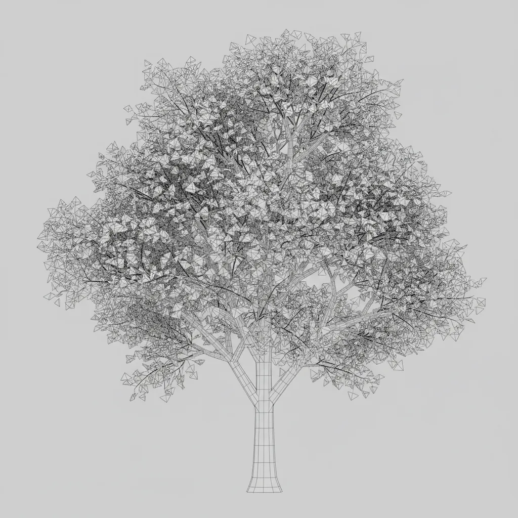 Wireframe view of high polygon forest vegetation models