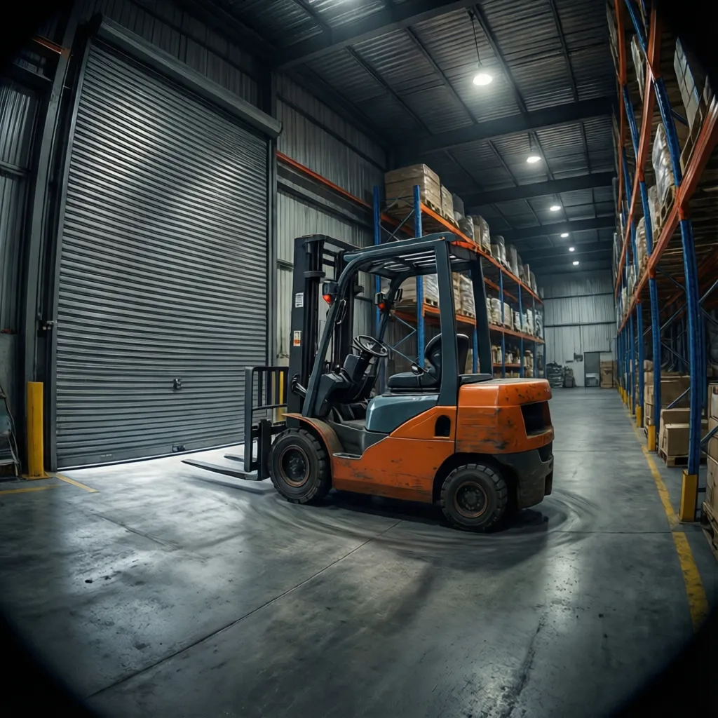 forklift turning near a warehouse roll up door showing maneuvering space