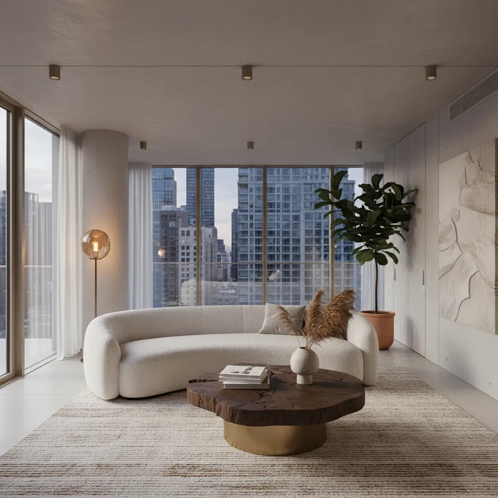 Interior contemporáneo combinando muebles curvos y arquitectura recta