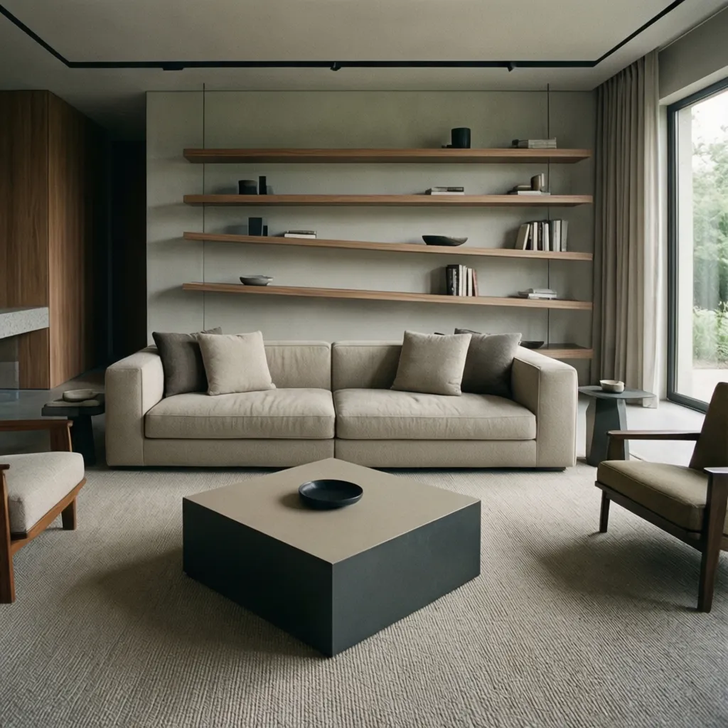 Sala con predominio de formas geométricas en muebles y decoración