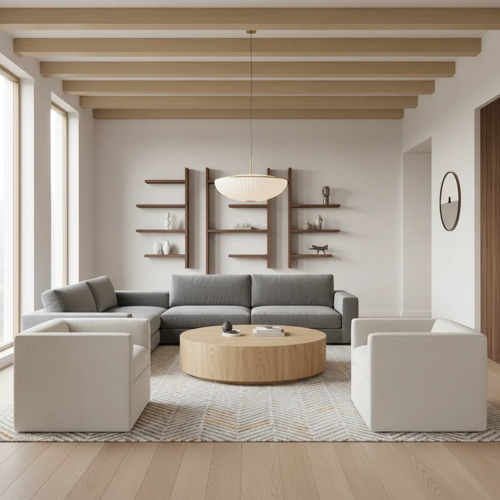Sala contemporánea combinando mesa redonda y sofá rectangular