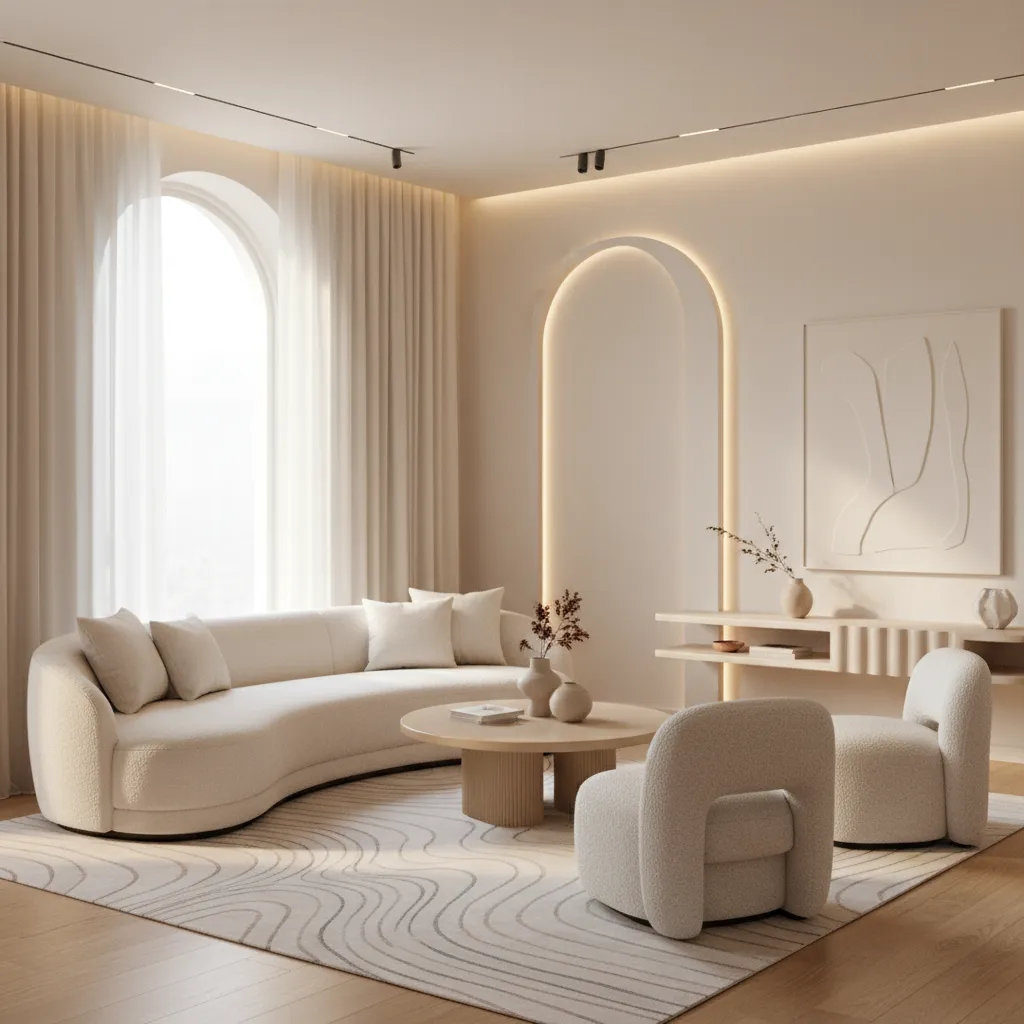 Interior con sofá curvo y decoración de formas orgánicas