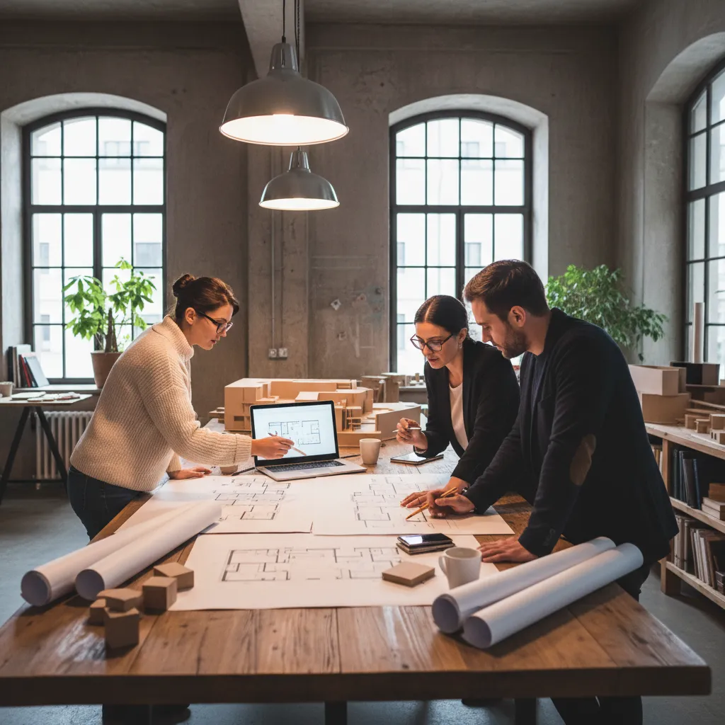 Diseñadores revisando planos y discutiendo soluciones de distribución