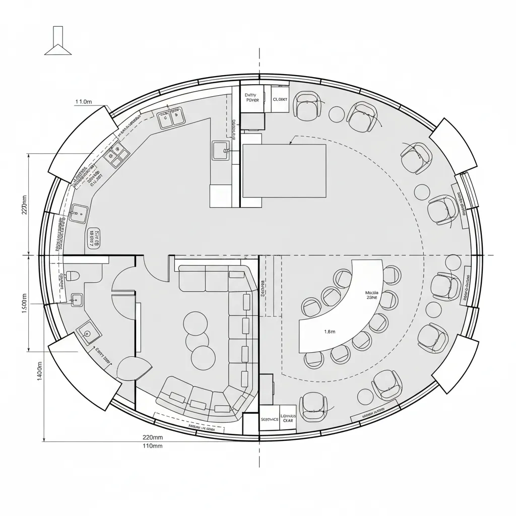 Oval room layout featuring a large kitchen area and a lounge with a curved sofa