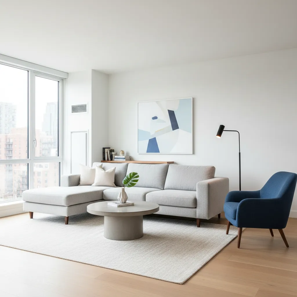 Minimalist living room with grey sofa, blue armchair, round coffee table, white walls, and window